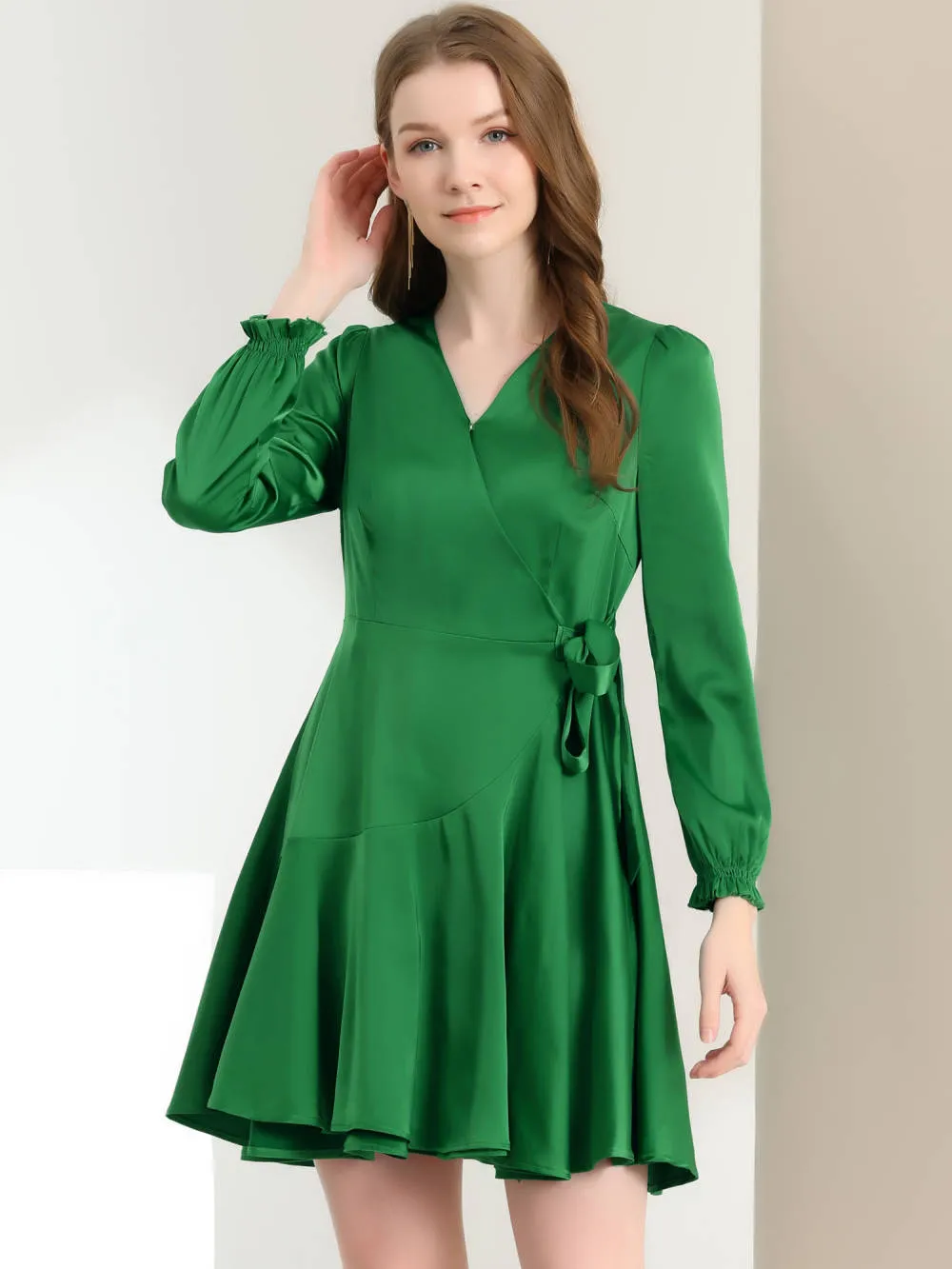 Allegra K- Satin V Neck Tie Waist Ruffle Hem Mini Dress sold by Reitmans product image thumbnail 3
