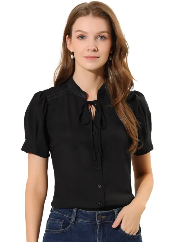 Allegra K - Puff Short Sleeves Tie Neck Button Down Shirt sold by Reitmans