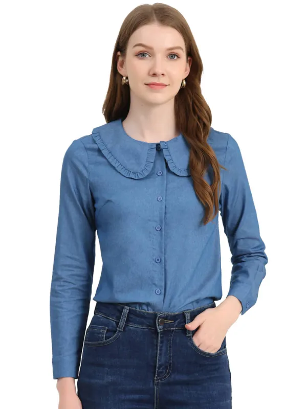Allegra K - Peter Pan Ruffled Collar Denim Shirt sold by Reitmans