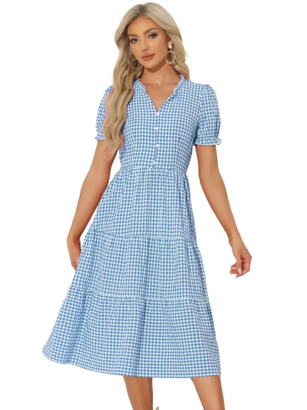 Allegra K- Gingham Ruffle Trim V Neck Button Dress sold by Reitmans