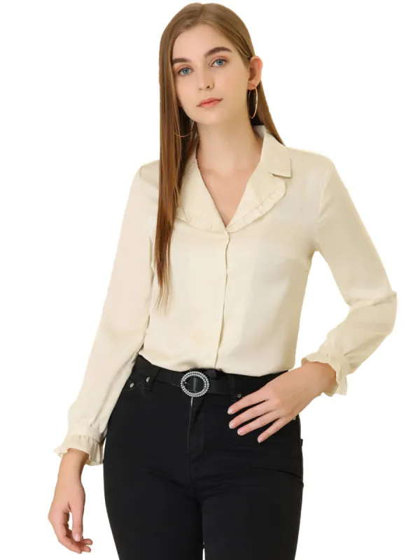 Allegra K - Ruffle Trim Satin Button V Neck Shirt sold by Reitmans