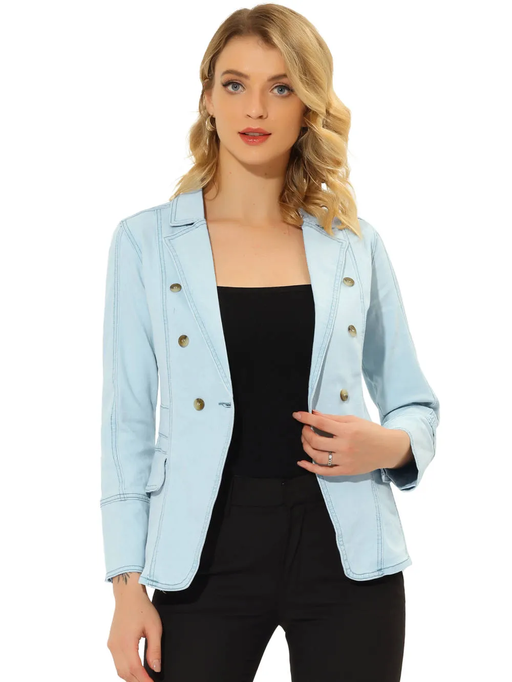 Allegra K- Notched Lapel Button Denim Jacket with Pockets sold by Reitmans