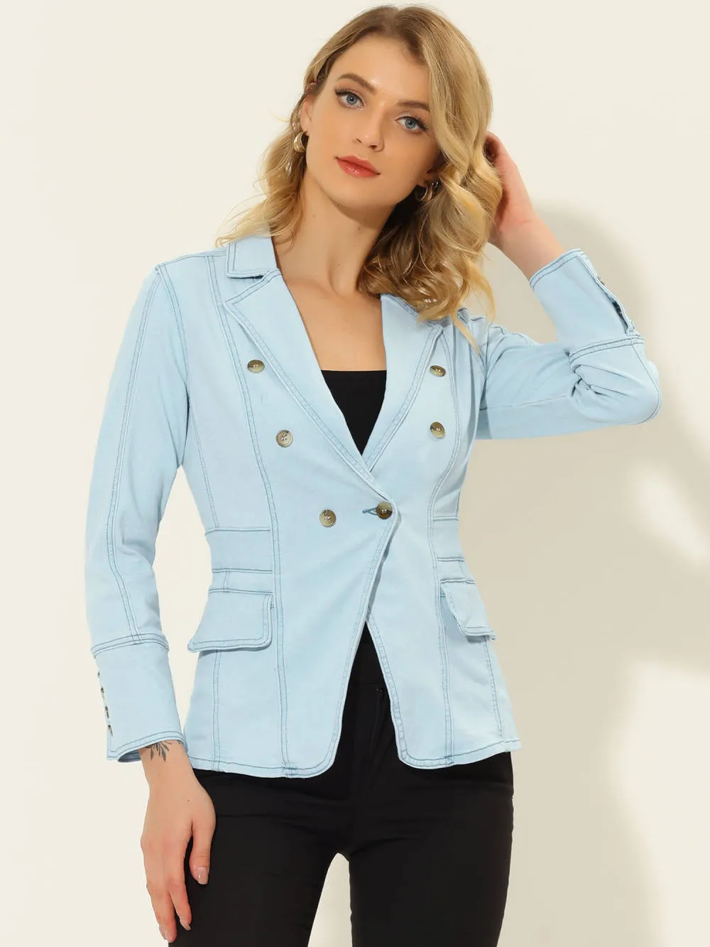 Allegra K- Notched Lapel Button Denim Jacket with Pockets sold by Reitmans product image thumbnail 2