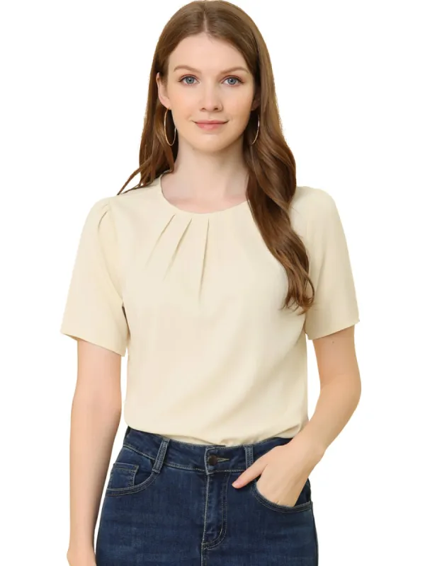 Allegra K- Short Sleeve Casual Pleated Scoop Neck Blouse sold by Reitmans