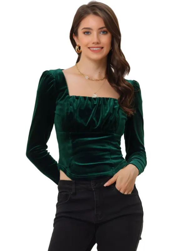 Allegra K- Velvet Long Sleeve Square Neck Cropped Blouse sold by Reitmans