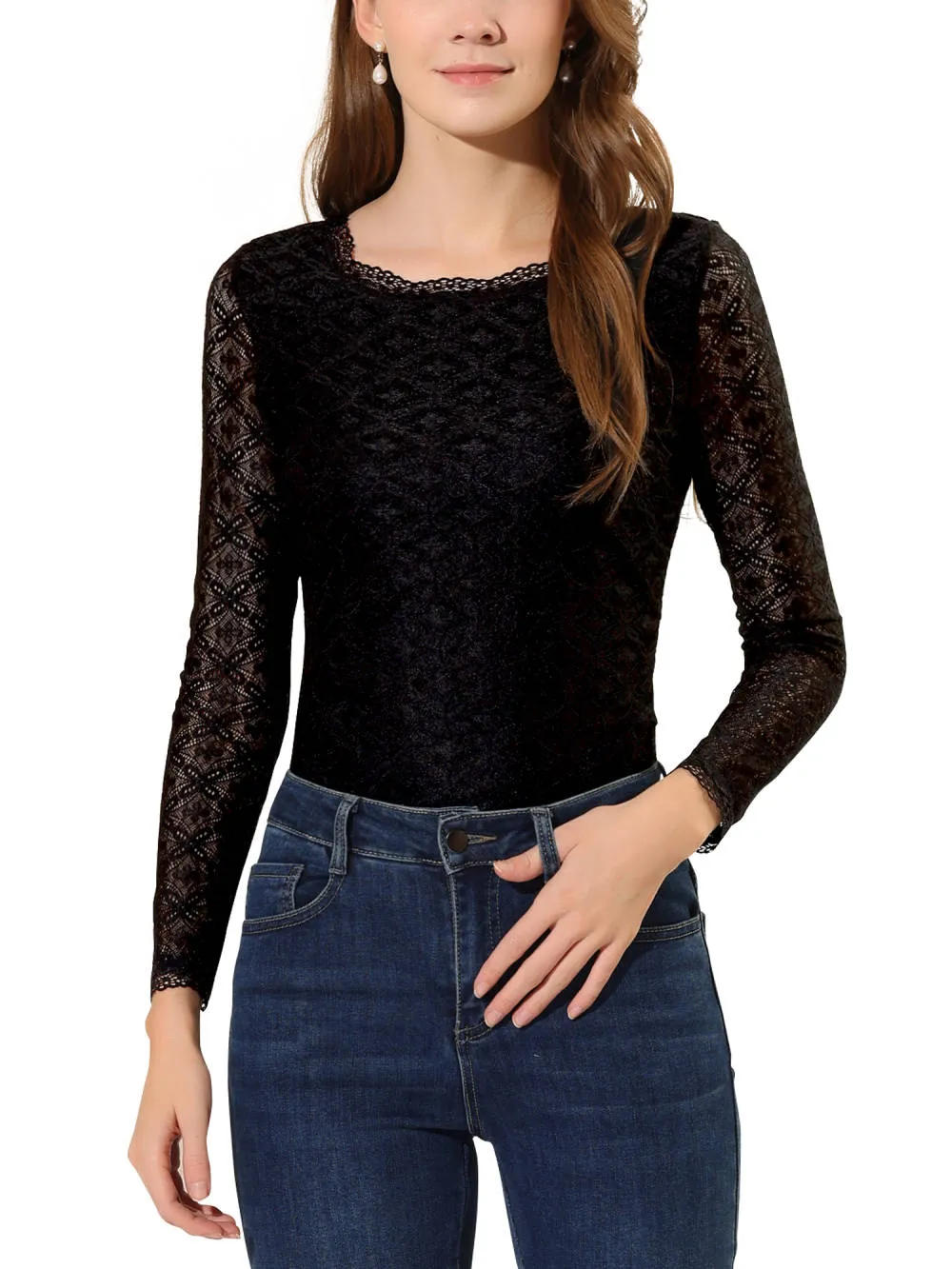 Allegra K- Round Neck Long Sleeve Embroidery Lace Blouse sold by Reitmans