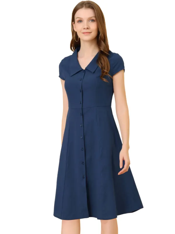Allegra K- Cap Sleeve Cotton Collar Midi Button Down Dress sold by Reitmans