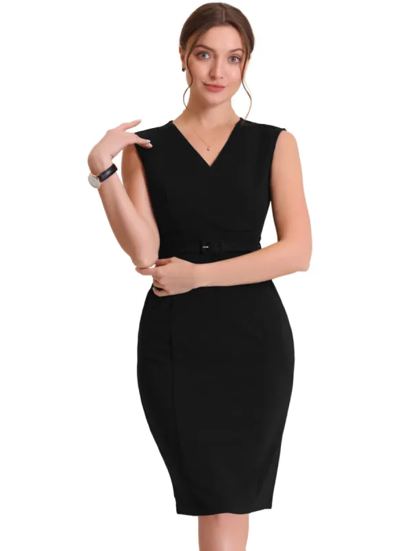 Allegra K- Sheath Sleeveless V Neck Belt Pencil Dress sold by Reitmans