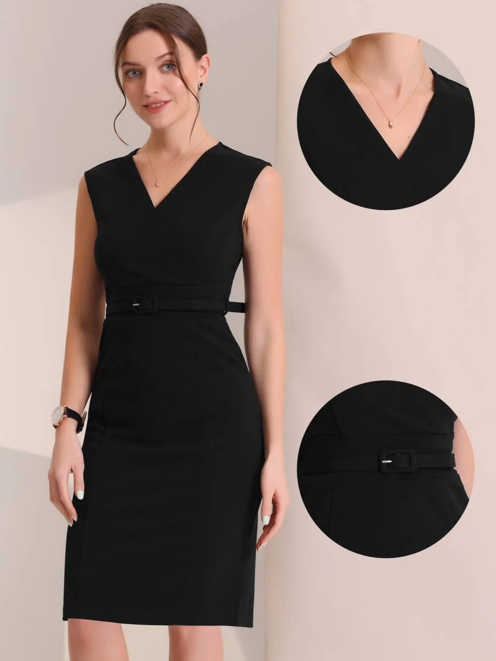 Allegra K- Sheath Sleeveless V Neck Belt Pencil Dress sold by Reitmans product image thumbnail 2