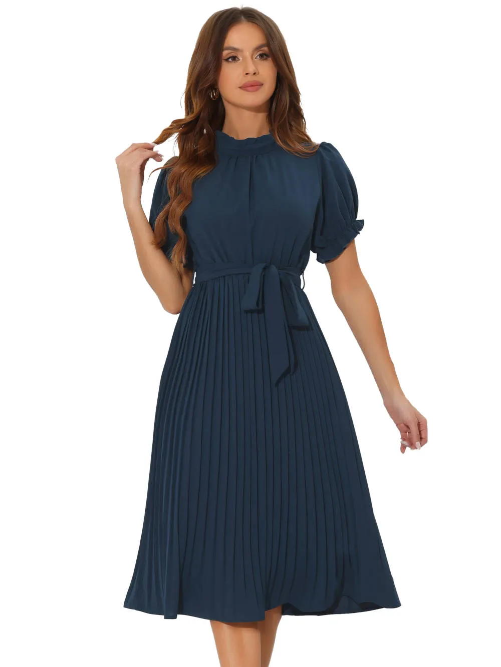 Allegra K- Pleated Ruffled Neck Belted Flowy Dress sold by Reitmans