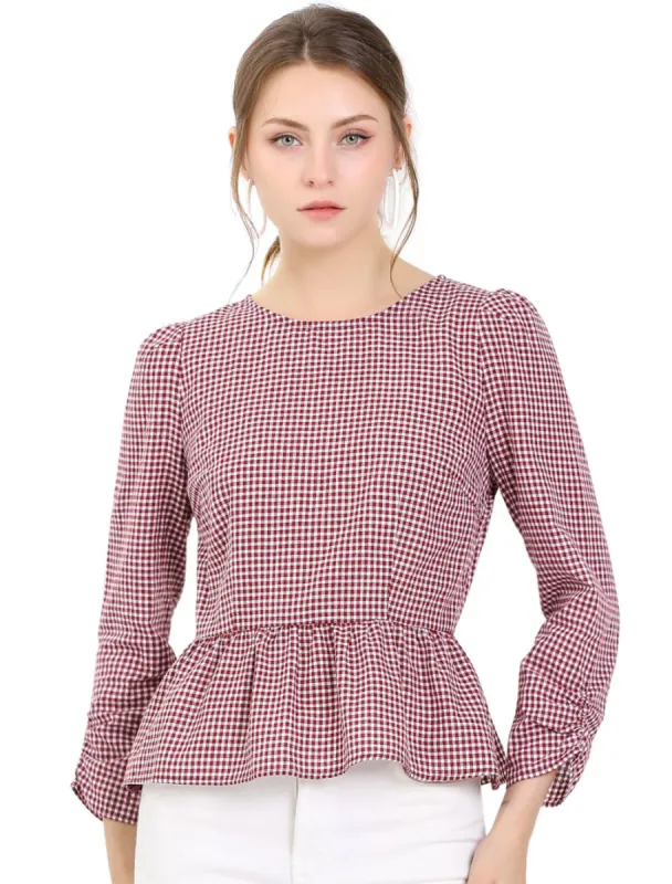 Allegra K - Round Neck Ruched 3/4 Sleeve Plaid Peplum Top sold by Reitmans