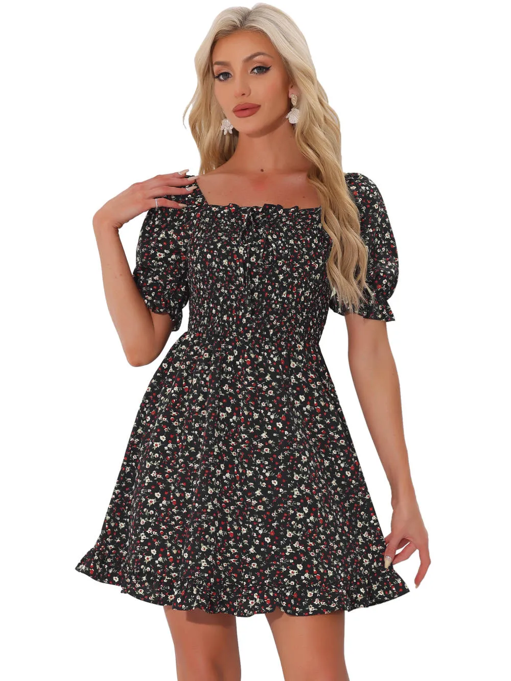 Allegra K- Square Neck Ruffled Hem Floral Smocked Dress sold by Reitmans
