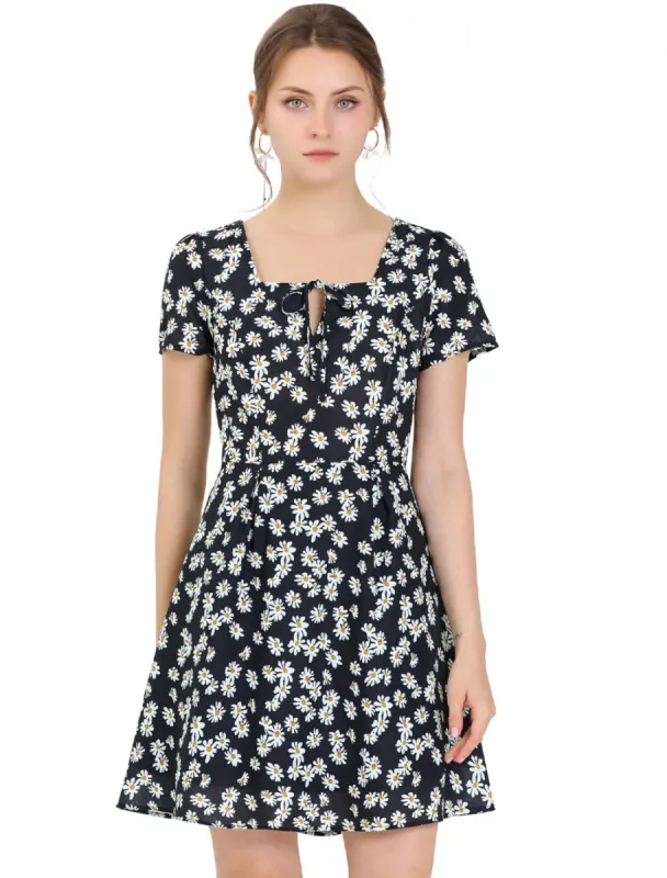 Allegra K- Printed Square Neck Short Sleeve A-Line Dress sold by Reitmans