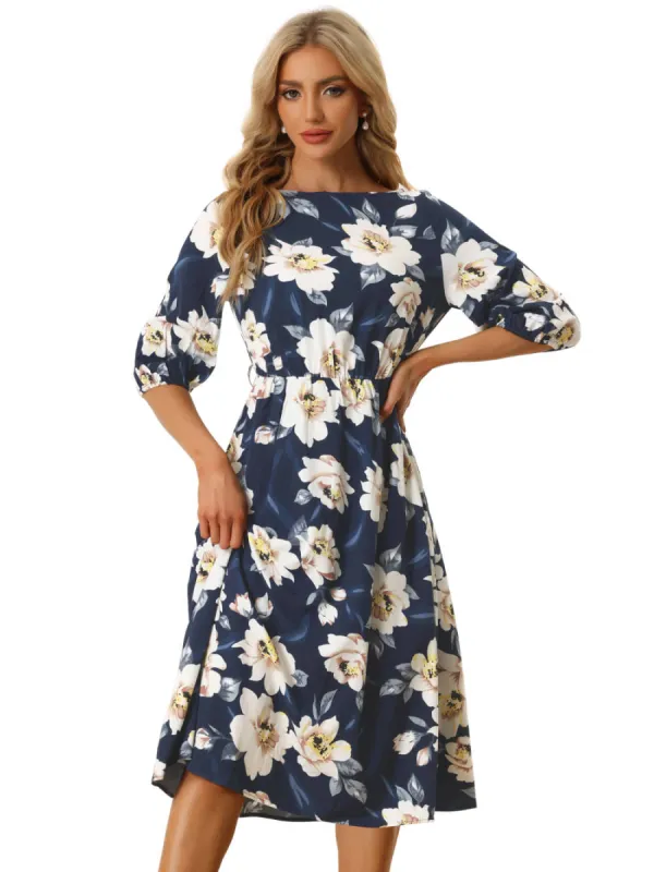Allegra K- Floral Boat Neck Flared Belted Half Sleeves Vintage Dress sold by Reitmans