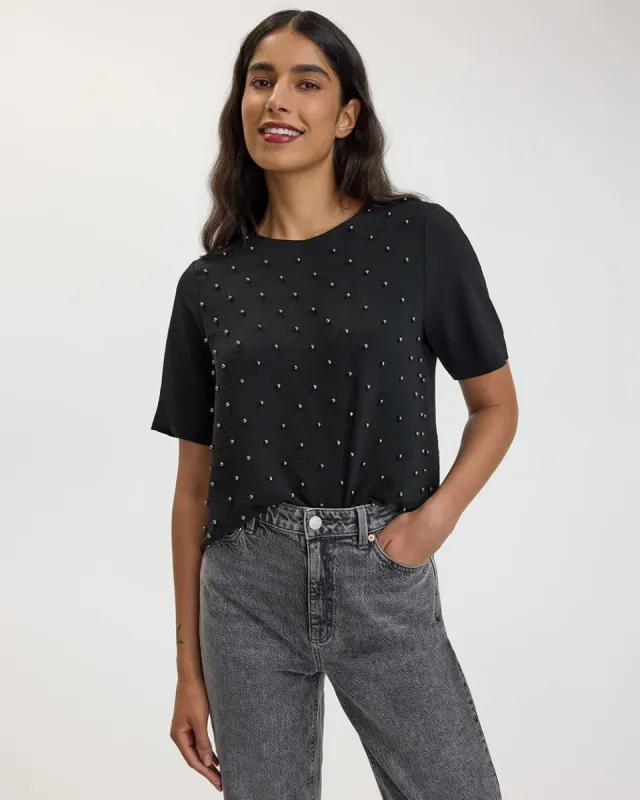 Short-Sleeve Crew-Neck Loose Blouse with Pearls sold by Reitmans
