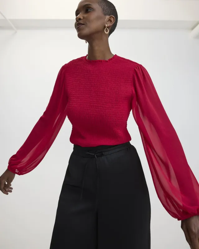 Long-Sleeve Crew-Neck Fitted Blouse with Smocks sold by Reitmans