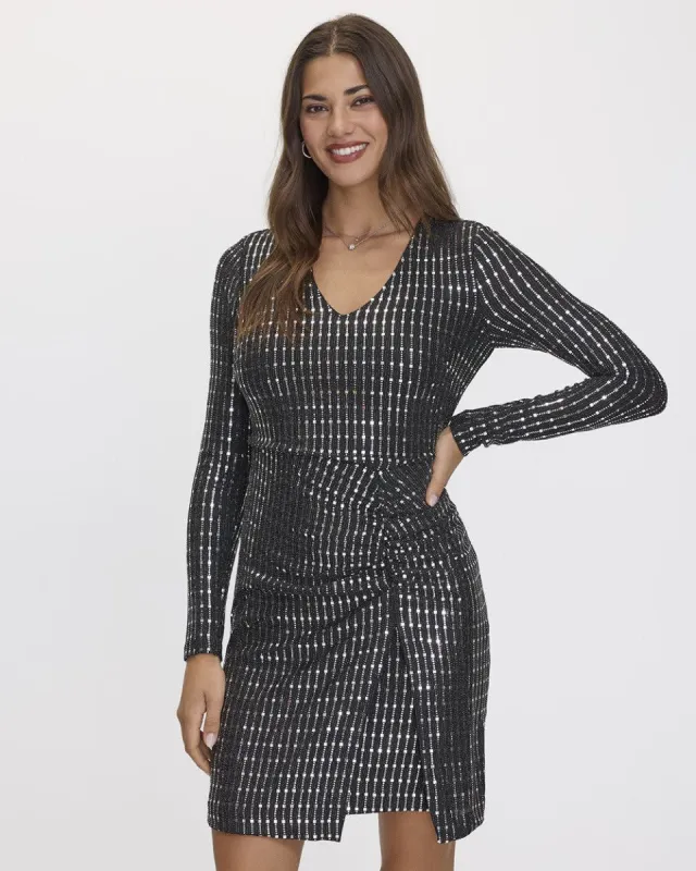 Long-Sleeve V-Neck Metallic Dress with Wrap Detail sold by Reitmans