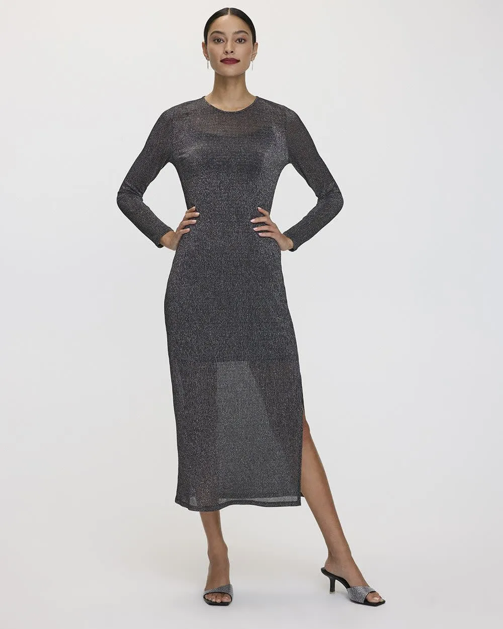 Long-Sleeve Shimmery Mesh Midi Dress sold by Reitmans