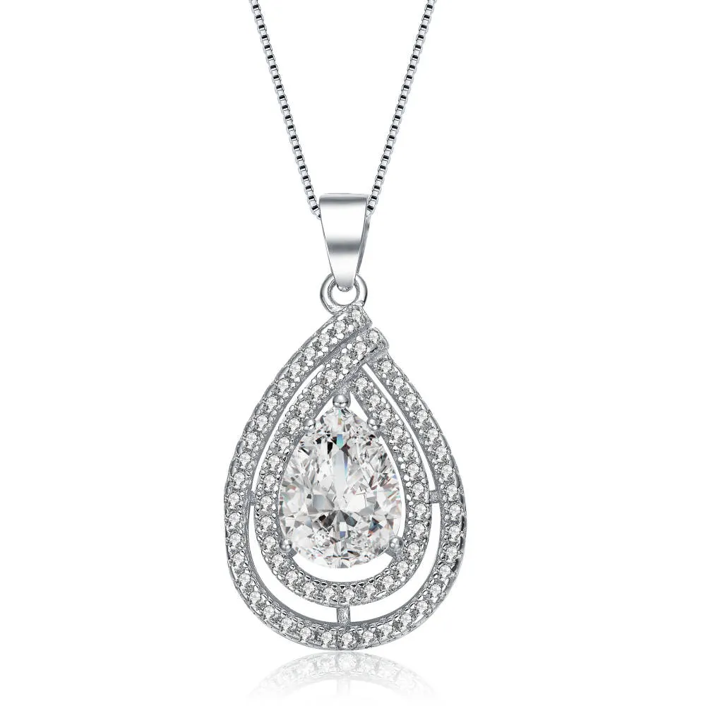 Genevive Sterling Silver White Gold Plated with Clear Cubic Zirconia Pear Shape Pendant sold by Reitmans