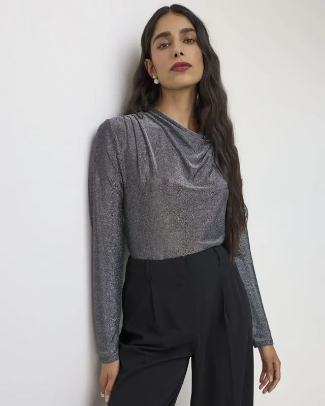 Long-Sleeve Draped-Neck Shimmery Top sold by Reitmans