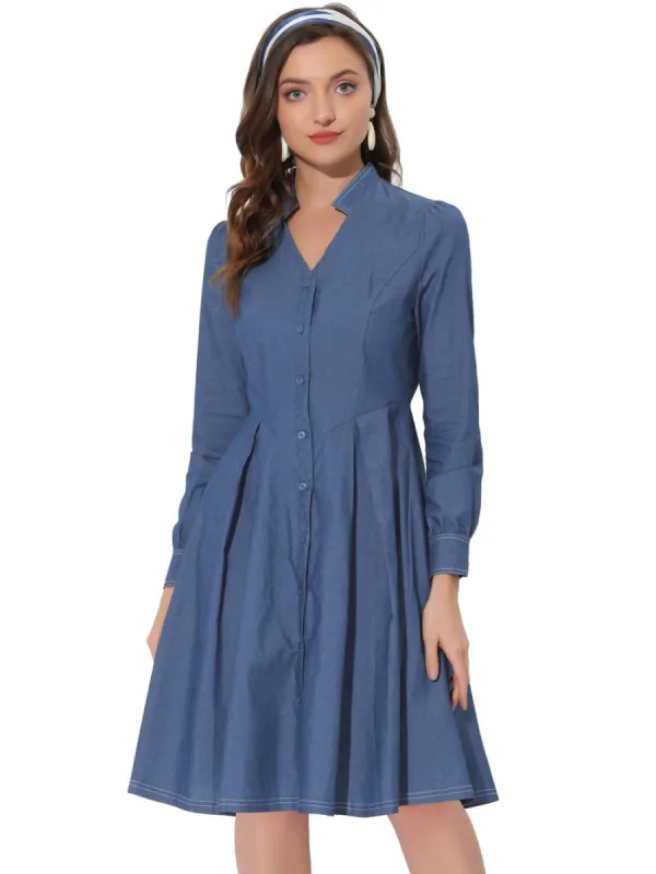 Allegra K- Vintage V Neck Stand Collar Pleated Long Sleeve Chambray Dress sold by Reitmans