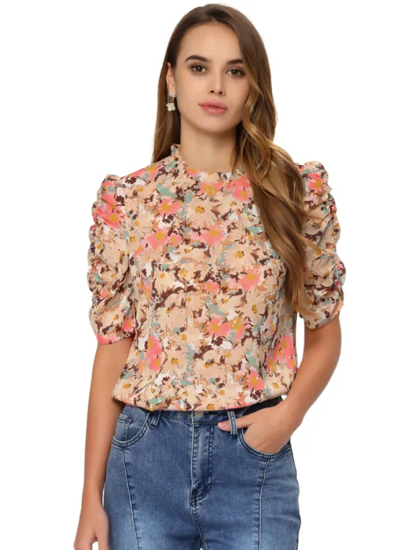 Allegra K - Ruffle Neck Puff Sleeves Floral Top sold by Reitmans