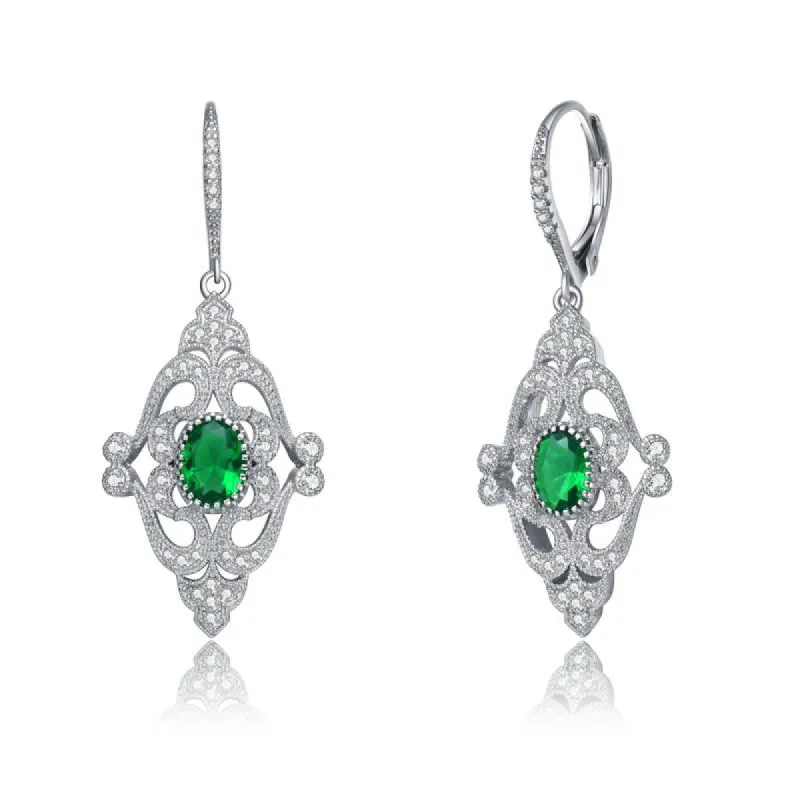 Genevive Sterling Silver White Gold Plating with Oval and Round Emerald Green Cubic Zirconia Leverback Earrings sold by Reitmans