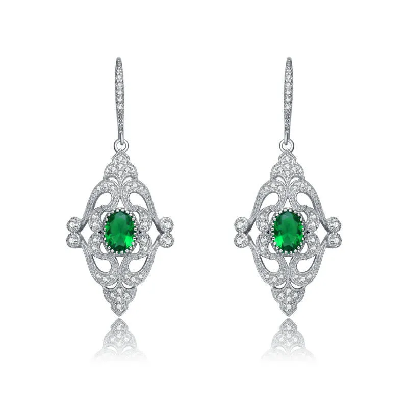 Genevive Sterling Silver White Gold Plating with Oval and Round Emerald Green Cubic Zirconia Leverback Earrings sold by Reitmans product image thumbnail 2