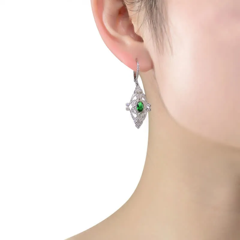 Genevive Sterling Silver White Gold Plating with Oval and Round Emerald Green Cubic Zirconia Leverback Earrings sold by Reitmans product image thumbnail 3