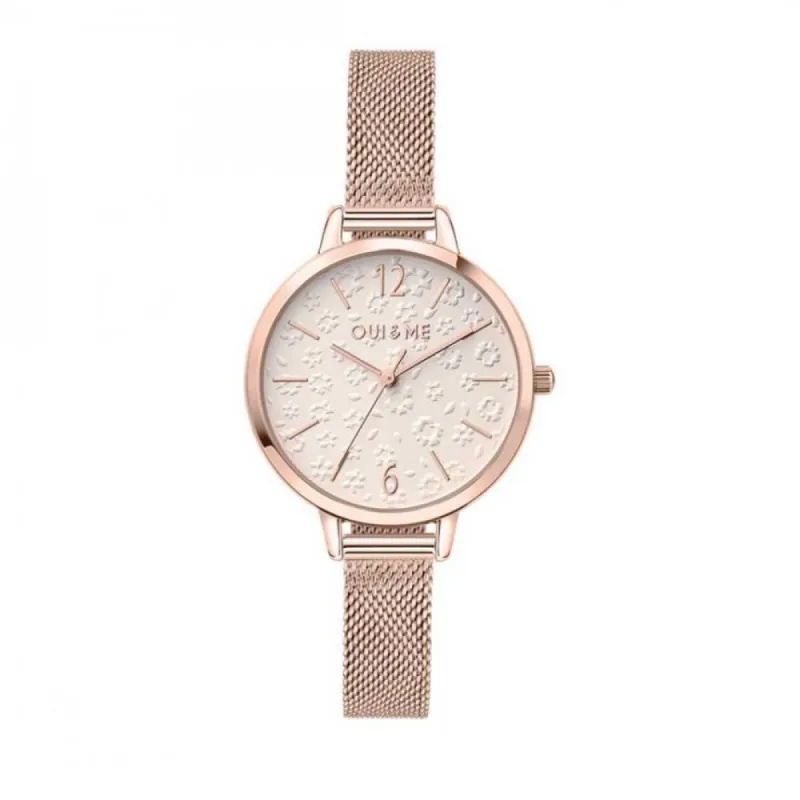 OUI & ME-Fleurette 34mm 3 Hand Yellow Gold Case Silver Dial Watch With Pink Flower Recycled Leather Strap sold by Reitmans
