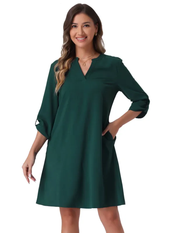 INSPIRE CHIC - Roll-Up Sleeve V-Neck Shift Dress made by Reitmans