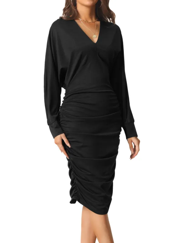 Allegra K- Deep V Neck Long Batwing Sleeve Bodycon Ruched Midi Dress sold by Reitmans
