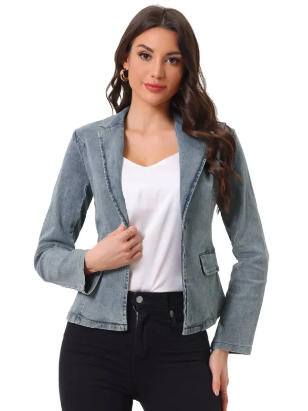 Allegra K- Notched Lapel One Button Washed Denim Blazer sold by Reitmans