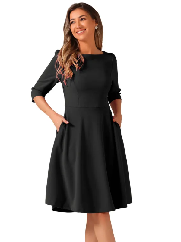 Allegra K - Boat Neck Short Sleeves Midi Office Dress sold by Reitmans