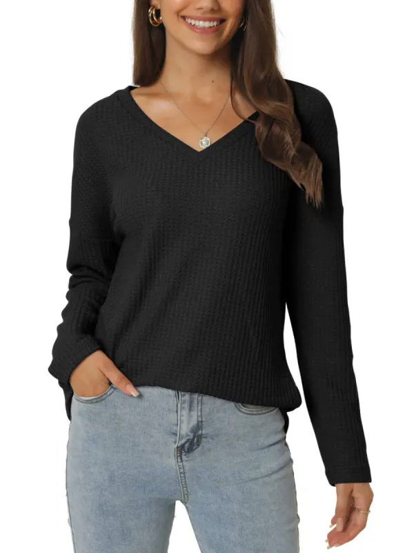 Allegra K- V Neck Waffle Knit Long Sleeve Slim Fit Top sold by Reitmans