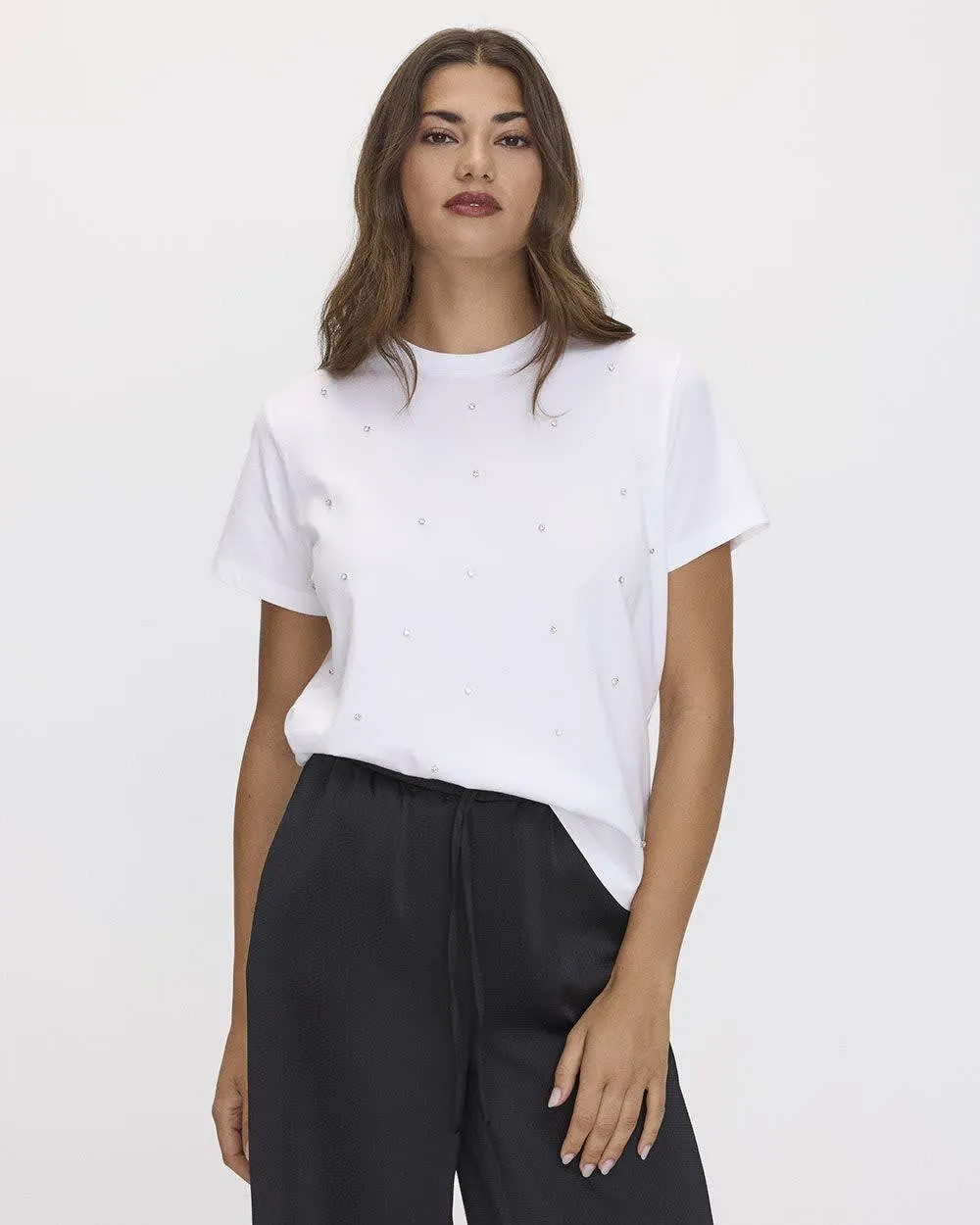 Short-Sleeve Crew-Neck Cotton Tee with Rhinestones sold by Reitmans product image thumbnail 3