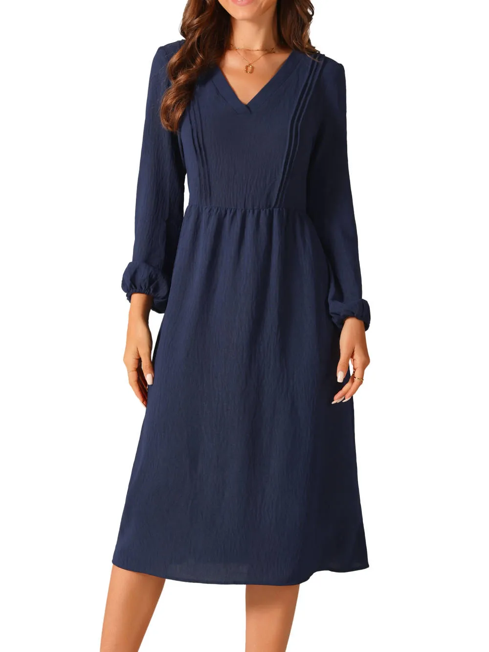 INSPIRE CHIC - Long Sleeve V-Neck Pleated Fall Dress sold by Reitmans