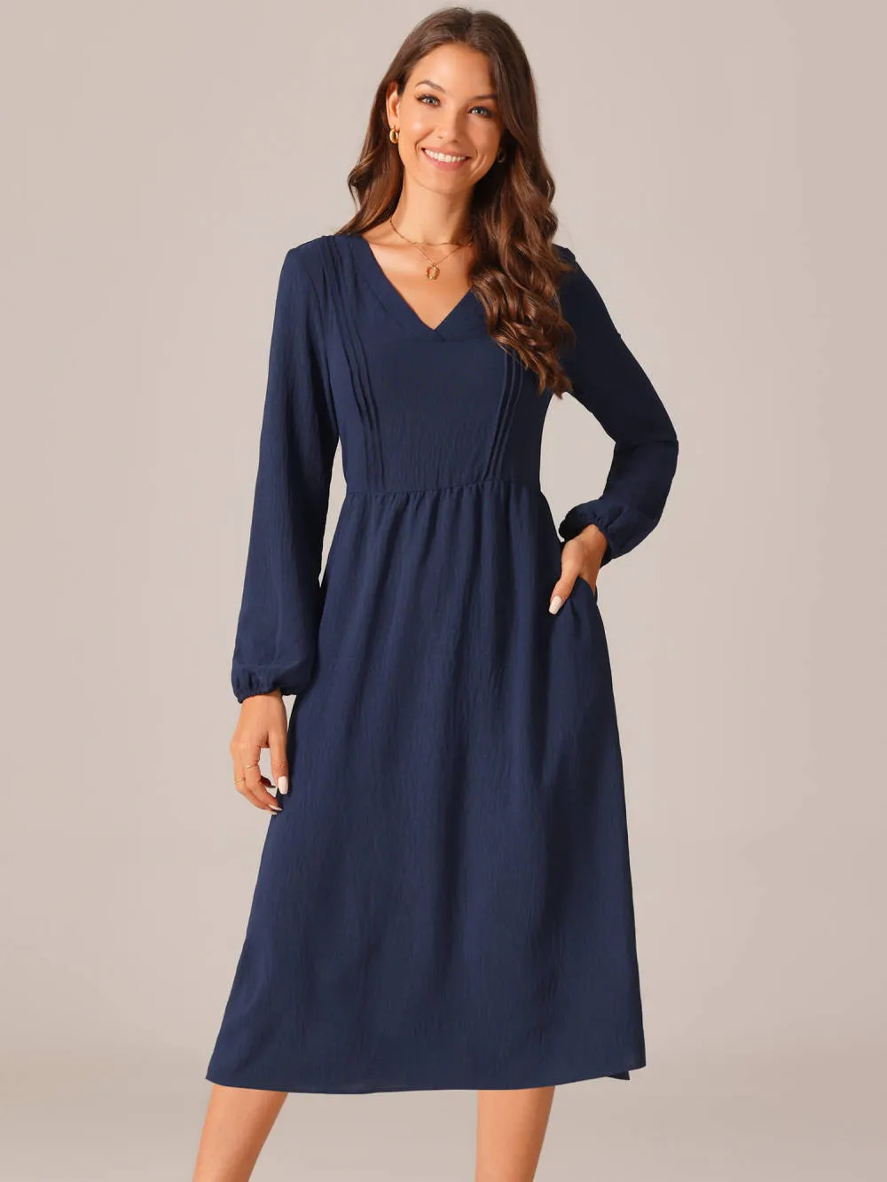 INSPIRE CHIC - Long Sleeve V-Neck Pleated Fall Dress sold by Reitmans product image thumbnail 3