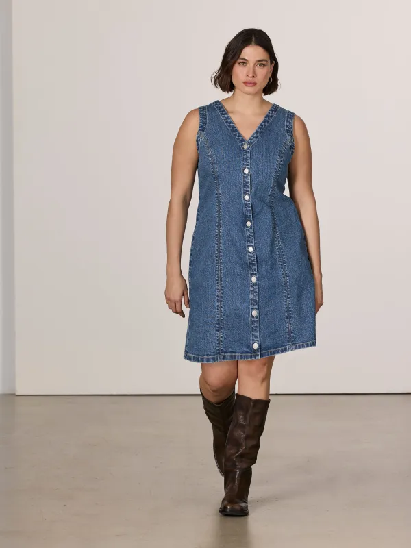 Sleeveless Buttoned-Down Mini Denim Dress sold by Reitmans