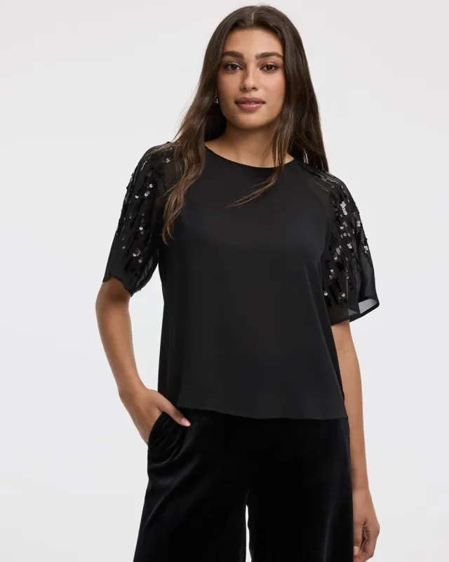 Crew-Neck Loose Blouse with Sequin Short Sleeves sold by Reitmans
