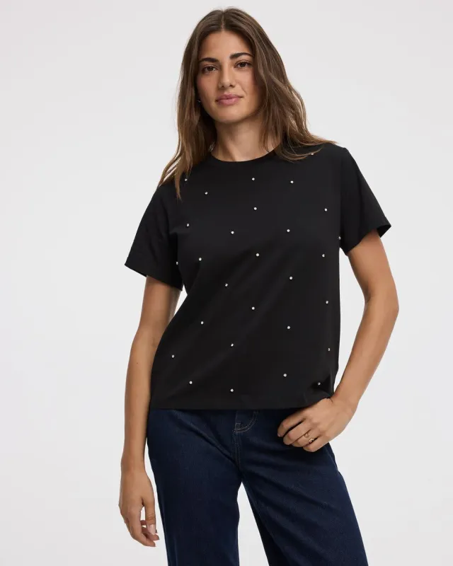 Short-Sleeve Crew-Neck Tee with Rhinestones sold by Reitmans