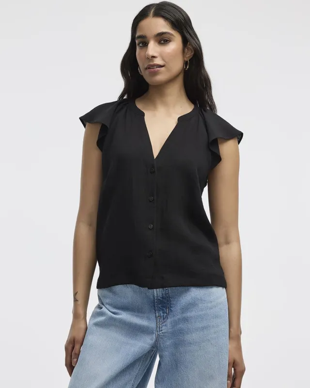 Short-Flutter-Sleeve Split-Neck Buttoned-Down Blouse sold by Reitmans
