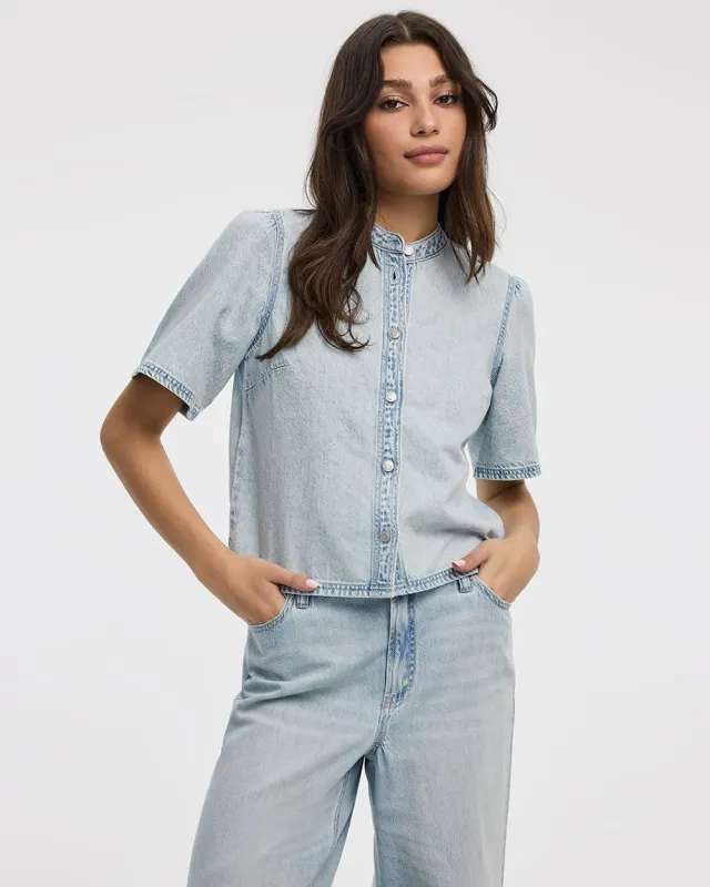Crew-Neck Denim Shirt with Short Flutter Sleeves made by Reitmans