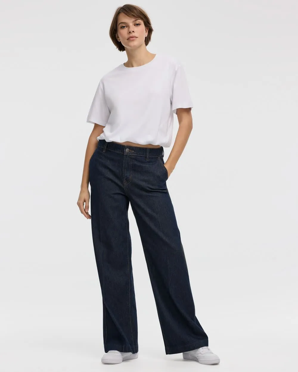 Wide-Leg Mid-Rise Denim Trousers sold by Reitmans