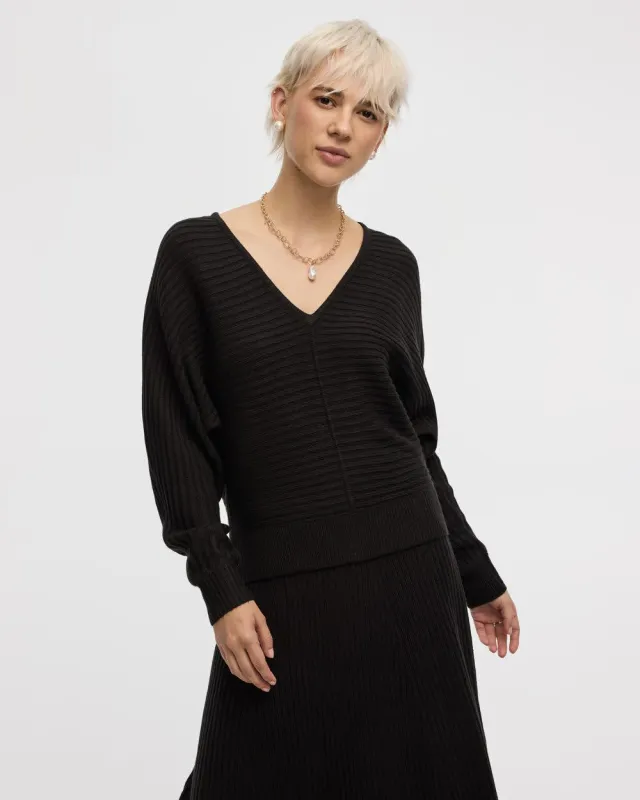 Long-Dolman-Sleeve V-Neck Ribbed Pullover sold by Reitmans