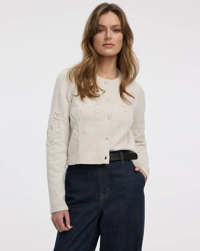 Long-Sleeve Crew-Neck Cardigan with Soutache Flowers sold by Reitmans