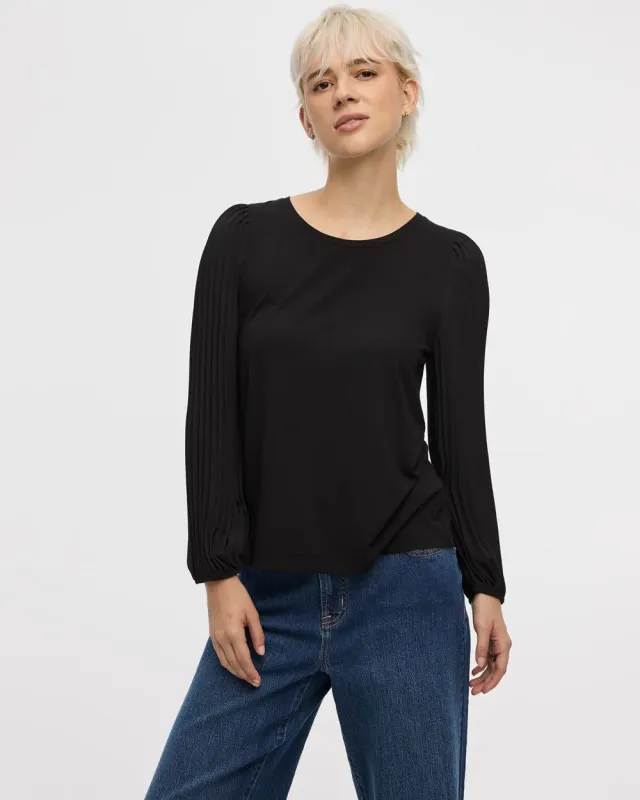 Pleated-Long-Sleeve Boat-Neck Mix-Media Top sold by Reitmans