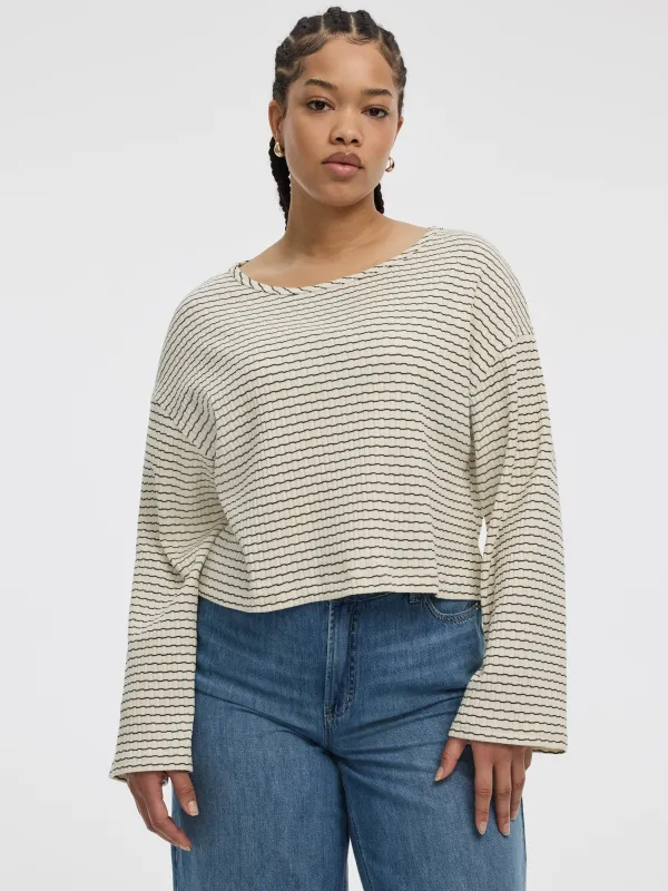 Striped Long-Sleeve Boat-Neck T-Shirt sold by Reitmans