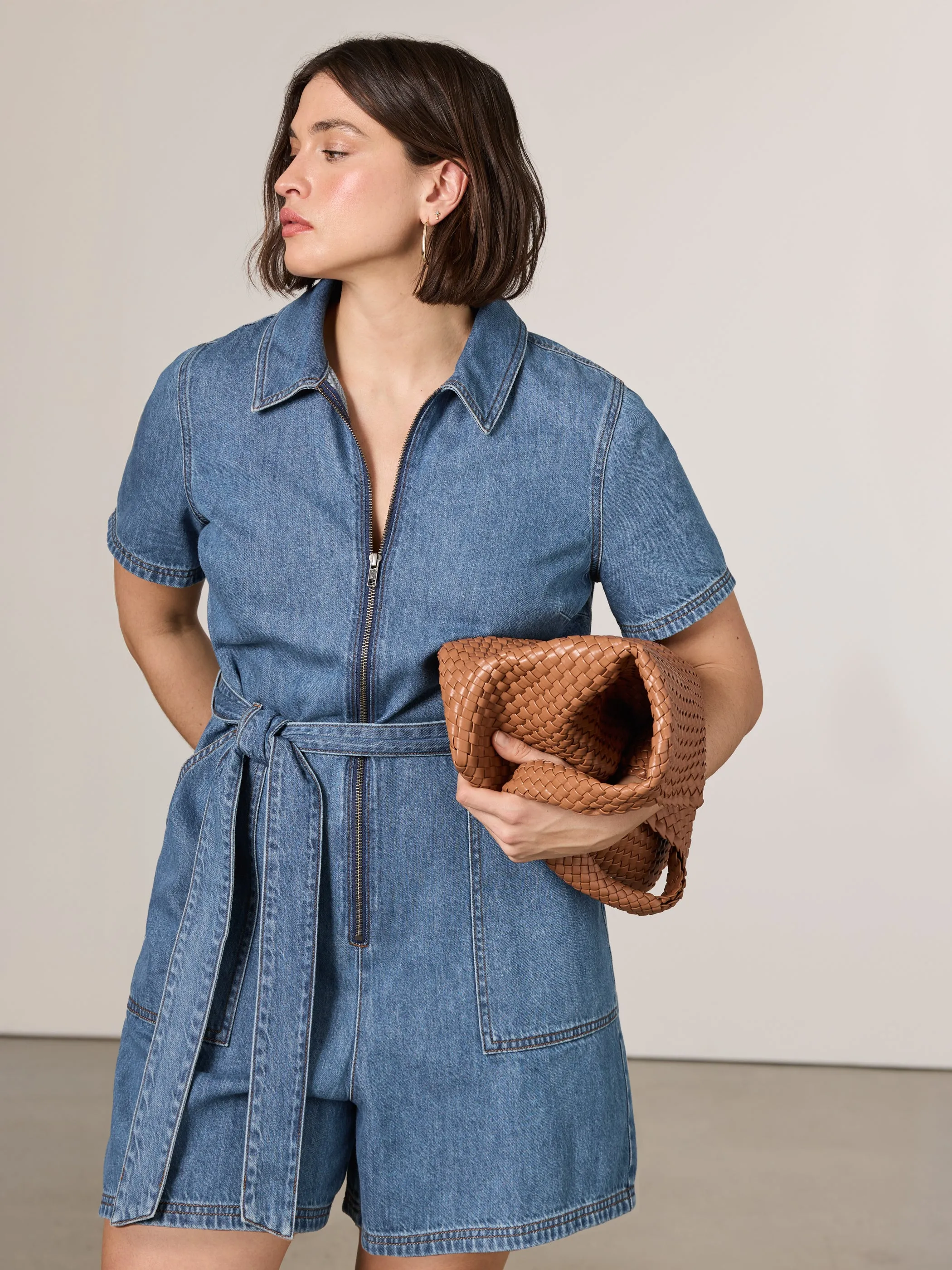 Short-Sleeve Denim Mini Dress Romper sold by Reitmans product image thumbnail 4