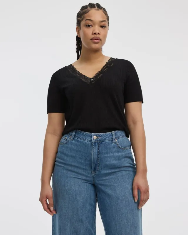 Short-Sleeve V-Neck Tee with Lace Trim sold by Reitmans